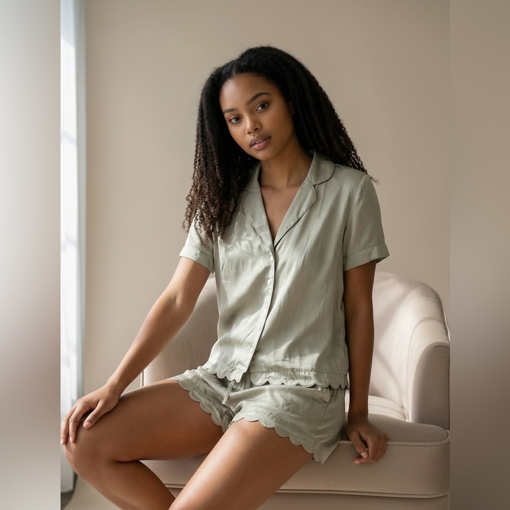 BHLDN Anthropologie Sage Green Viscose Pajama Set Scalloped Heart Buttons Small
